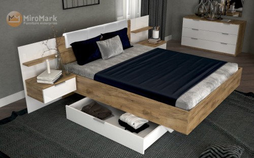 Кровать 1,6х2,0 Мягкая спинка с тумбами AS-36-WB Асти МироМарк Дуб крафт / Белый глянец.