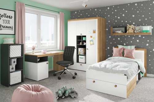 Ліжко з ящиком і  книжковою шафою  RIVA 50 SZYNAKA дуб рів'єра / чорний / білий