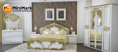 Комплект Єва 4 дв (Шафа4дв; Ліжко1,6; Тумба 2шх 2шт; Комод 3шх; Дзеркало) МіроМарк білий/золото