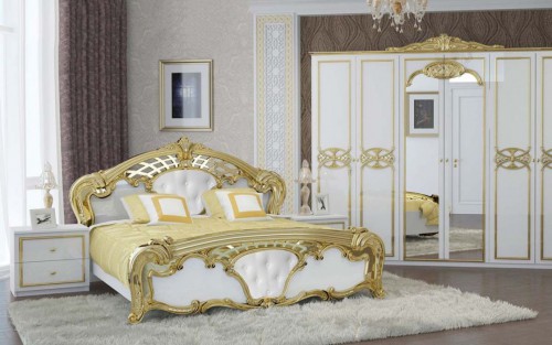 ​Комплект Єва 6 дв (Шафа6дв; Ліжко1,6; Тумба 2шх 2шт; Комод 3шх; Дзеркало) МіроМарк білий/золото