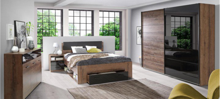 Спальня Jawa Forte дуб темный / черный глянец