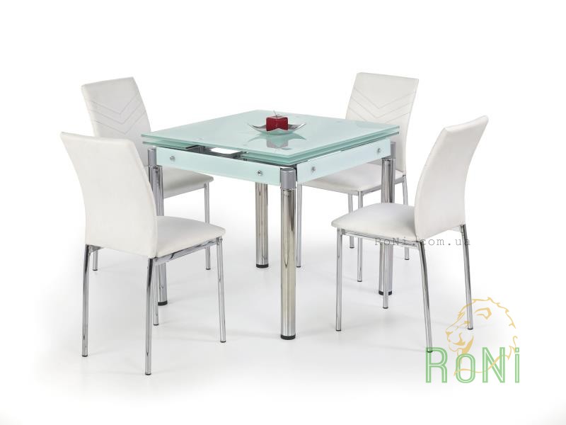 Обеденный стол стеклянный Halmar KENT сталь хромированная, размер 80 ÷ 130/80/76 cm.   молочный