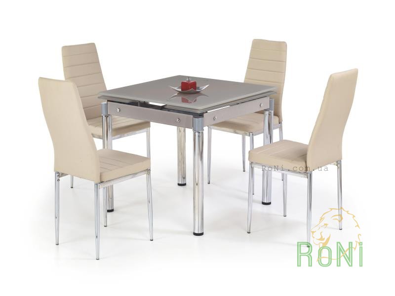 Обеденный стол стеклянный Halmar KENT сталь хромированная, размер 80 ÷ 130/80/76 cm. Бежевый